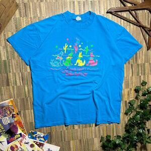 Vintage 80s 1989 Coyote Nights Palm Springs Nature Tee Mens XL Blue Pink Shirt